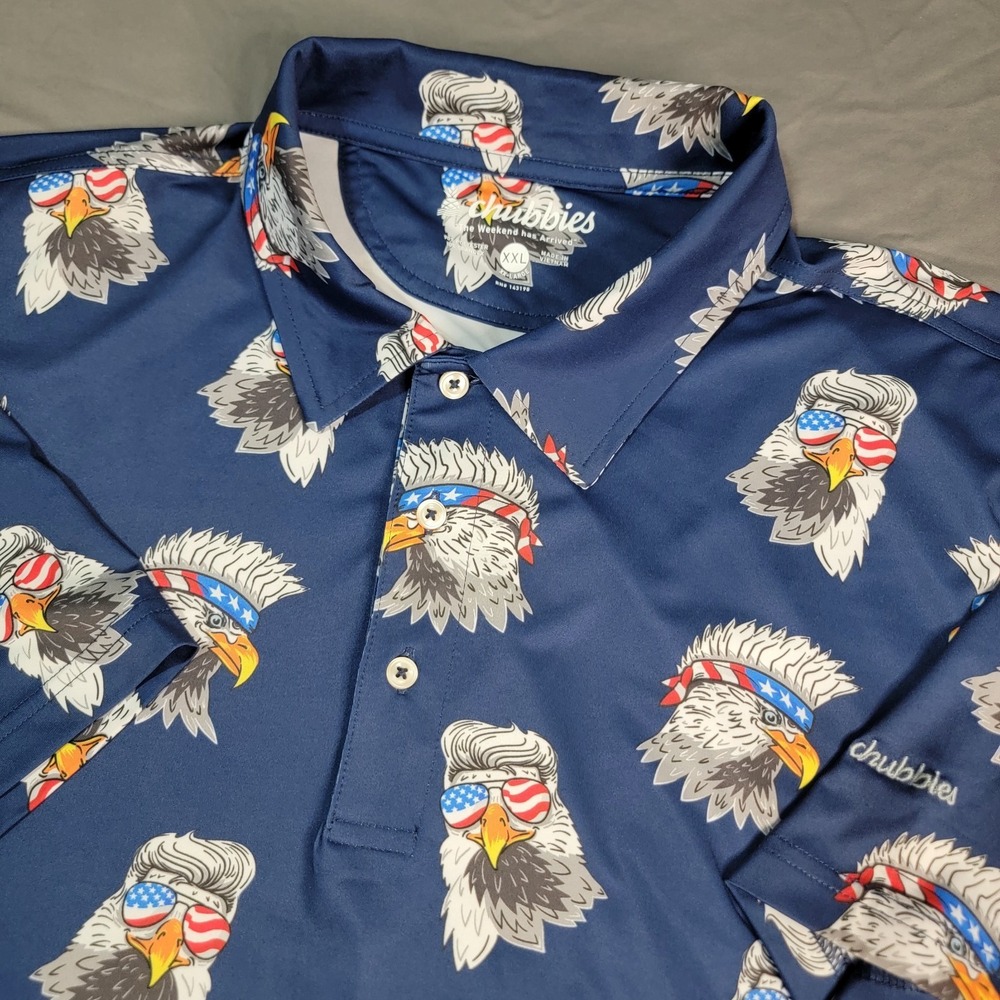 Chubbies Golf Polo Mens 2XL Blue Eagles All Over Print USA America July 4th SS